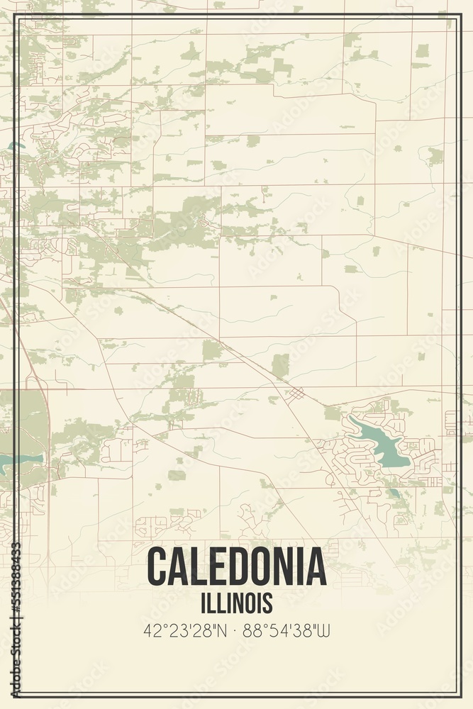 Fototapeta premium Retro US city map of Caledonia, Illinois. Vintage street map.
