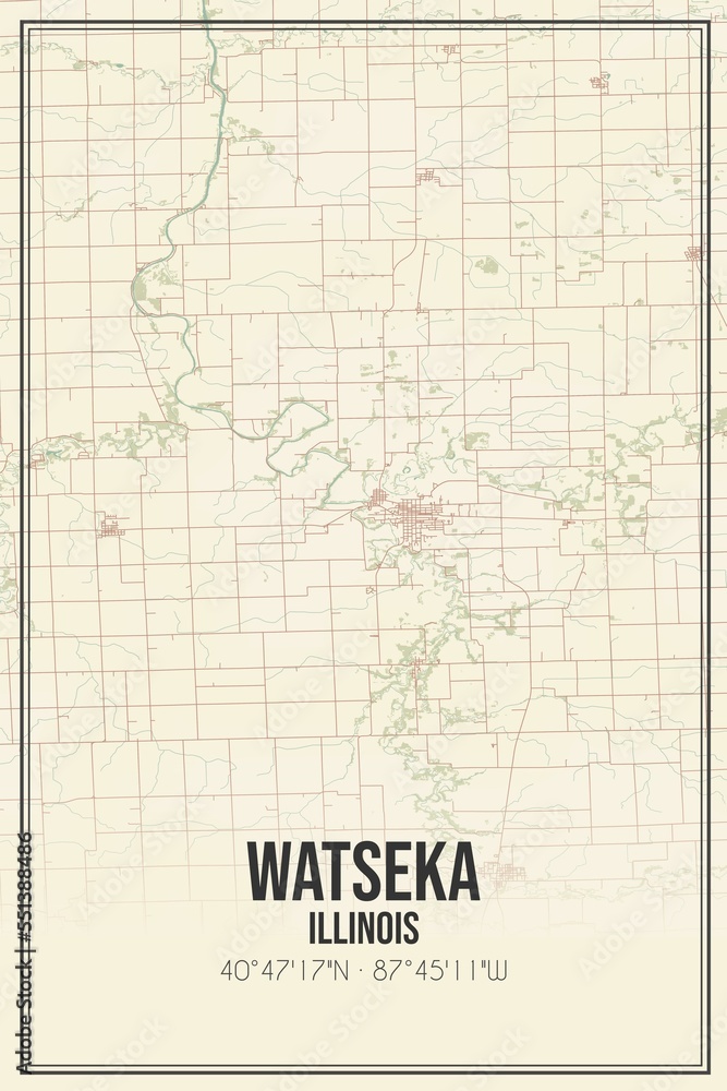 Fototapeta premium Retro US city map of Watseka, Illinois. Vintage street map.