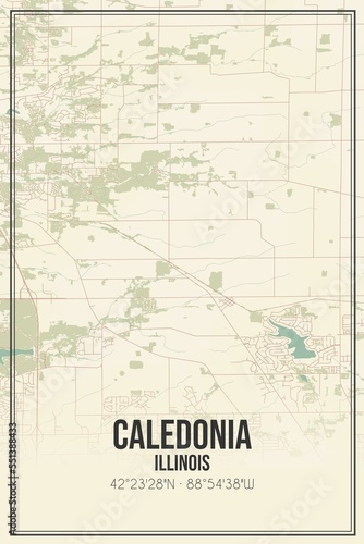 Retro US city map of Caledonia  Illinois. Vintage street map.