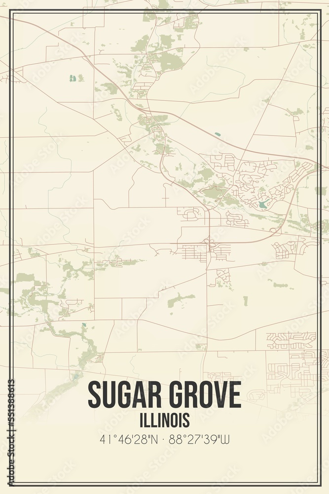 Retro US city map of Sugar Grove, Illinois. Vintage street map.