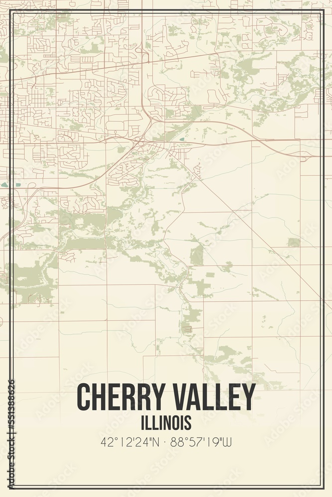 Retro US city map of Cherry Valley, Illinois. Vintage street map.