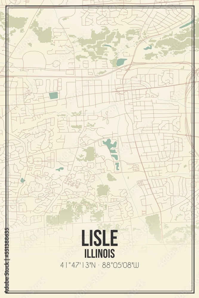 Retro US city map of Lisle, Illinois. Vintage street map.