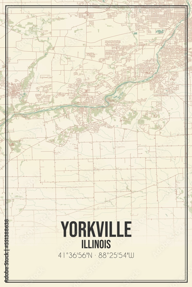 Retro US city map of Yorkville, Illinois. Vintage street map.