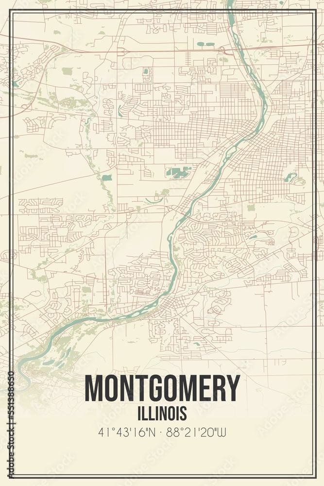 Fototapeta premium Retro US city map of Montgomery, Illinois. Vintage street map.