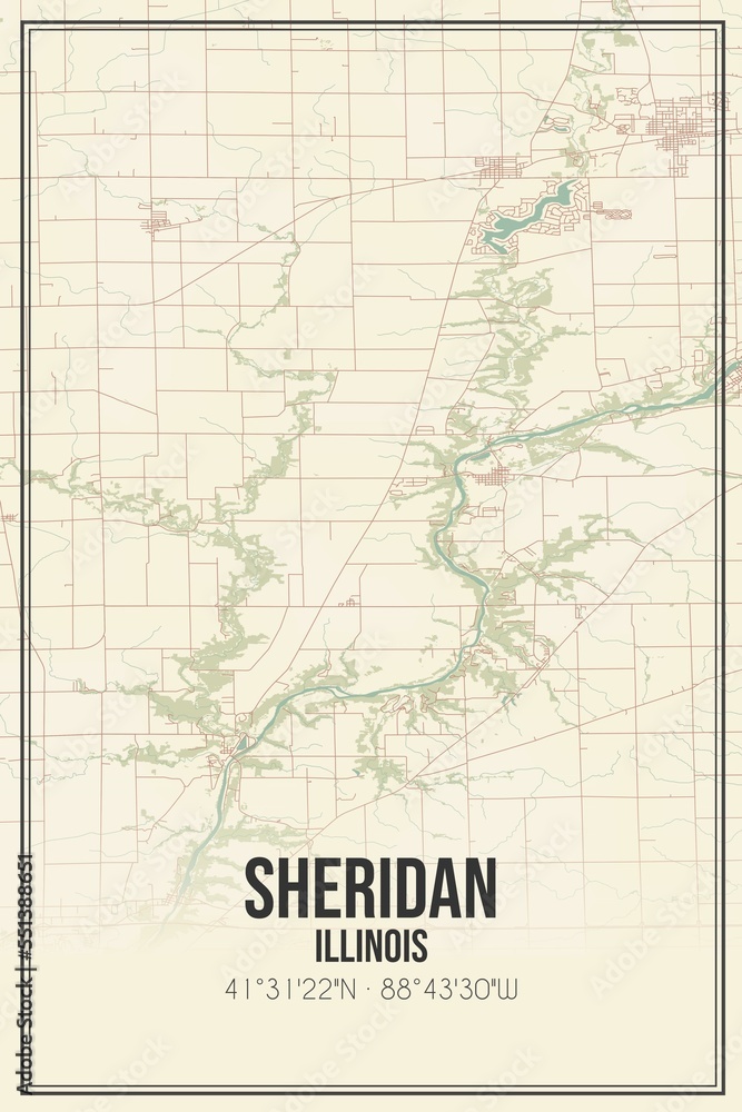Retro US city map of Sheridan, Illinois. Vintage street map.