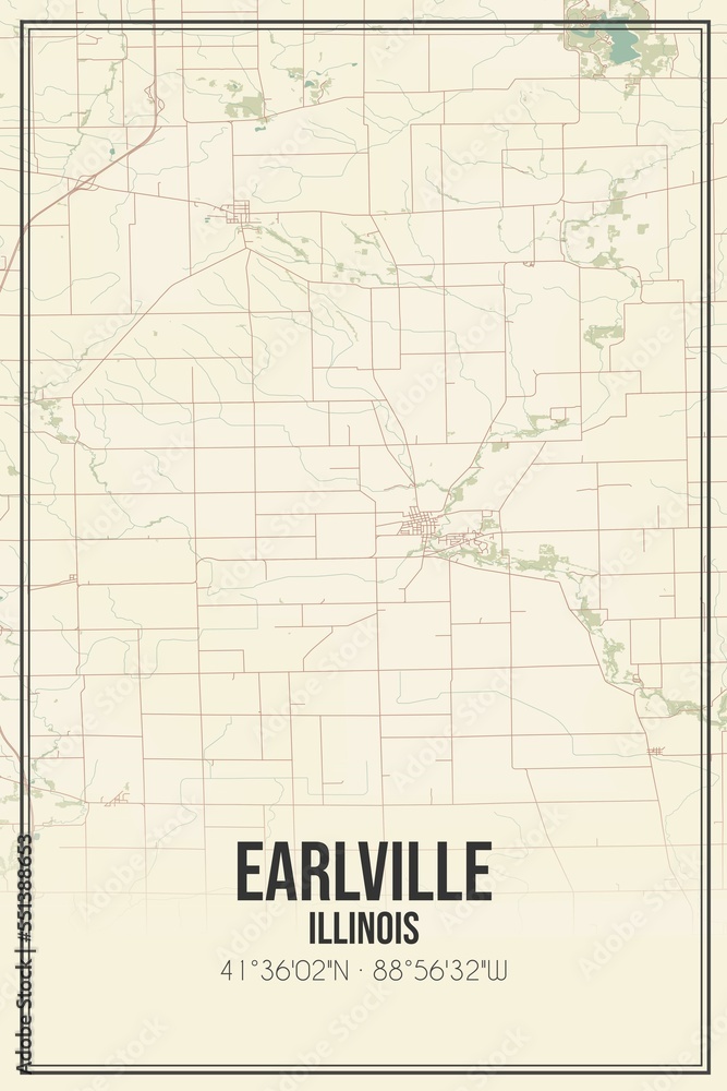 Retro US city map of Earlville, Illinois. Vintage street map.