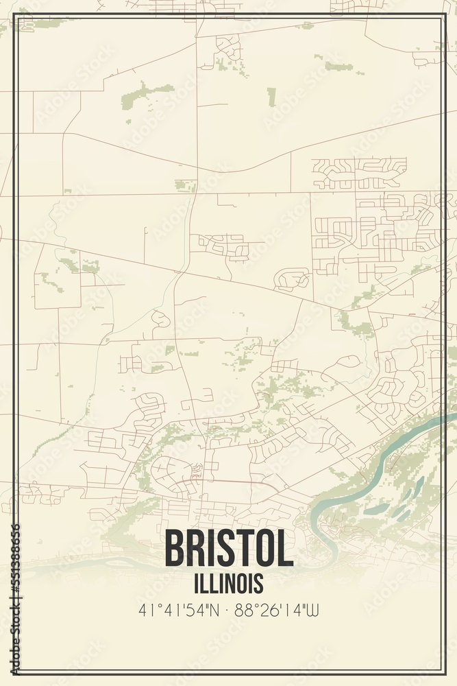 Retro US city map of Bristol, Illinois. Vintage street map.