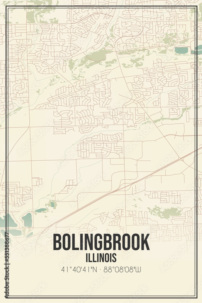 Retro US city map of Bolingbrook, Illinois. Vintage street map.