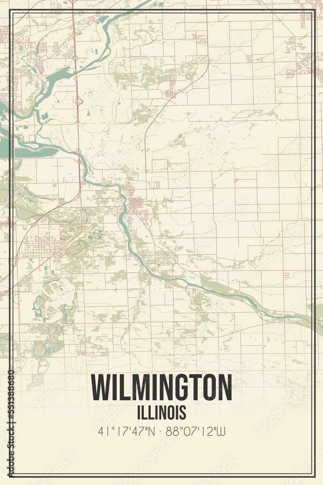 Retro US city map of Wilmington, Illinois. Vintage street map.