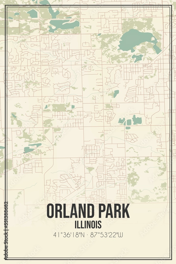 Retro US city map of Orland Park, Illinois. Vintage street map.