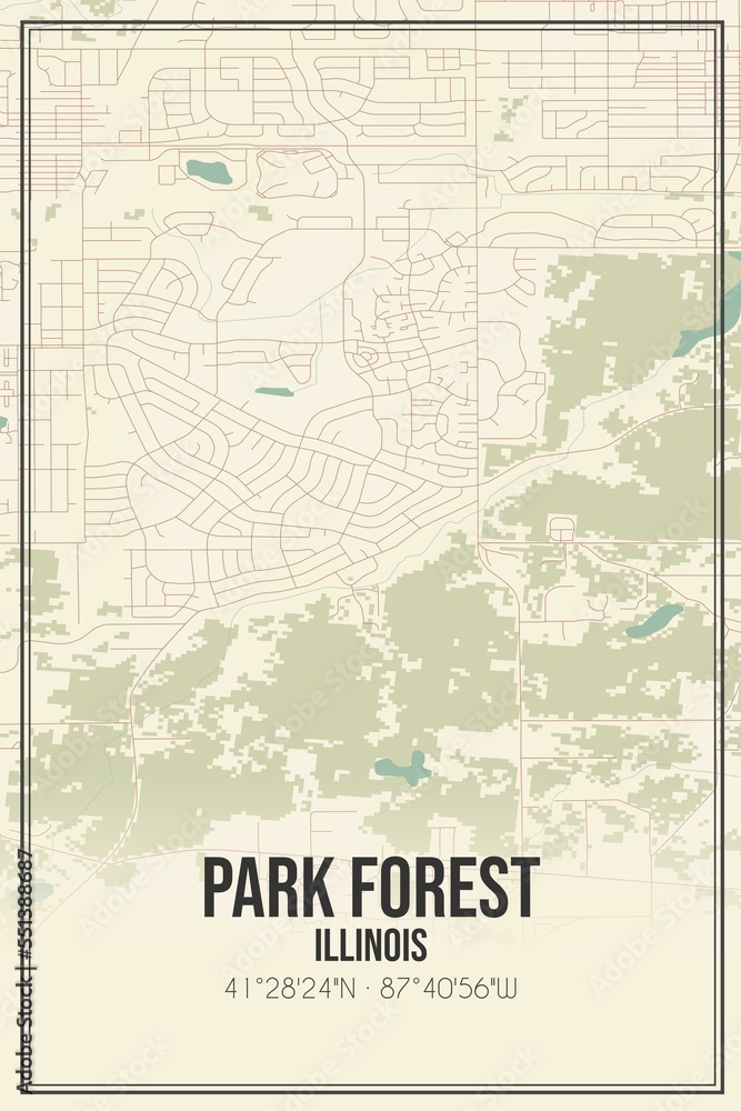 Retro US city map of Park Forest, Illinois. Vintage street map.