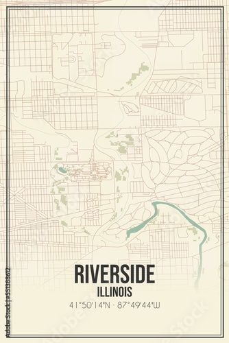 Retro US city map of Riverside, Illinois. Vintage street map.