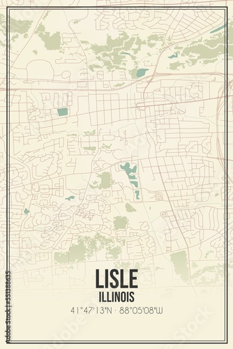 Retro US city map of Lisle, Illinois. Vintage street map. photo