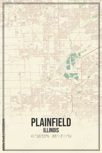 Retro US city map of Plainfield, Illinois. Vintage street map.