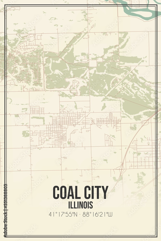 Retro US city map of Coal City, Illinois. Vintage street map.