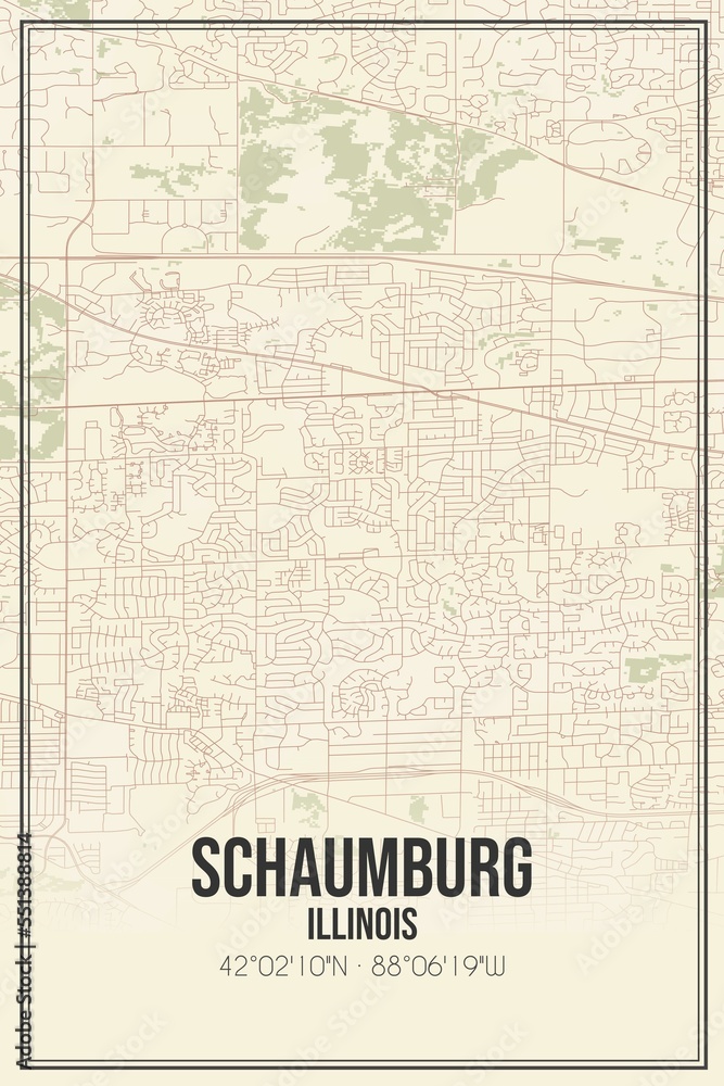 Retro US city map of Schaumburg, Illinois. Vintage street map.