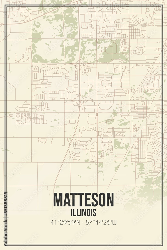 Retro US city map of Matteson, Illinois. Vintage street map.