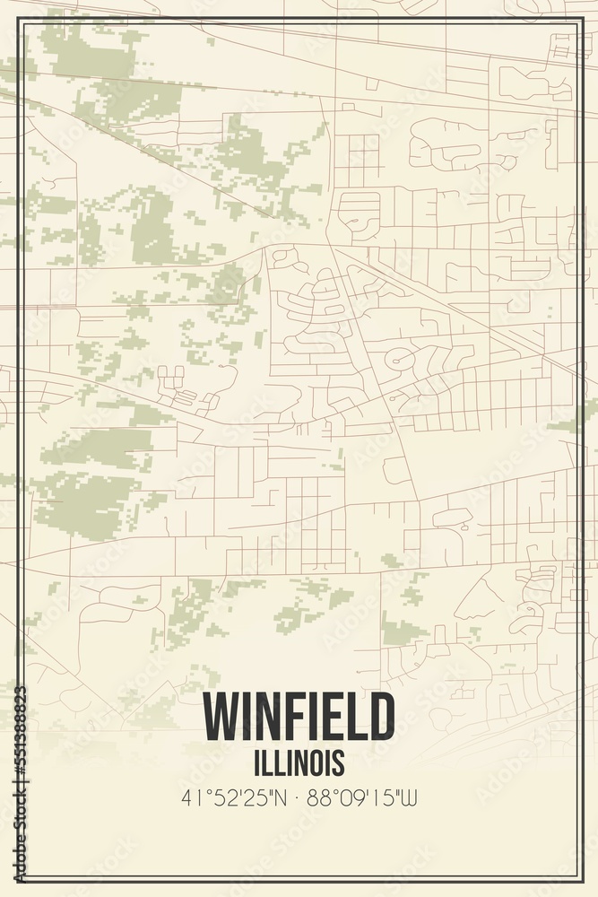 Retro US city map of Winfield, Illinois. Vintage street map.