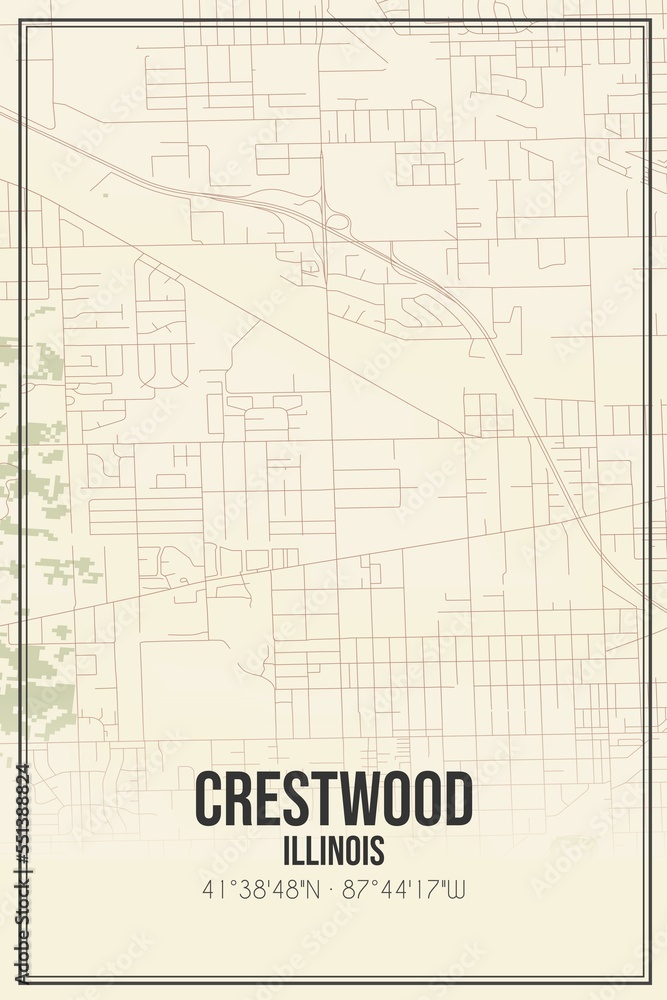 Retro US city map of Crestwood, Illinois. Vintage street map.