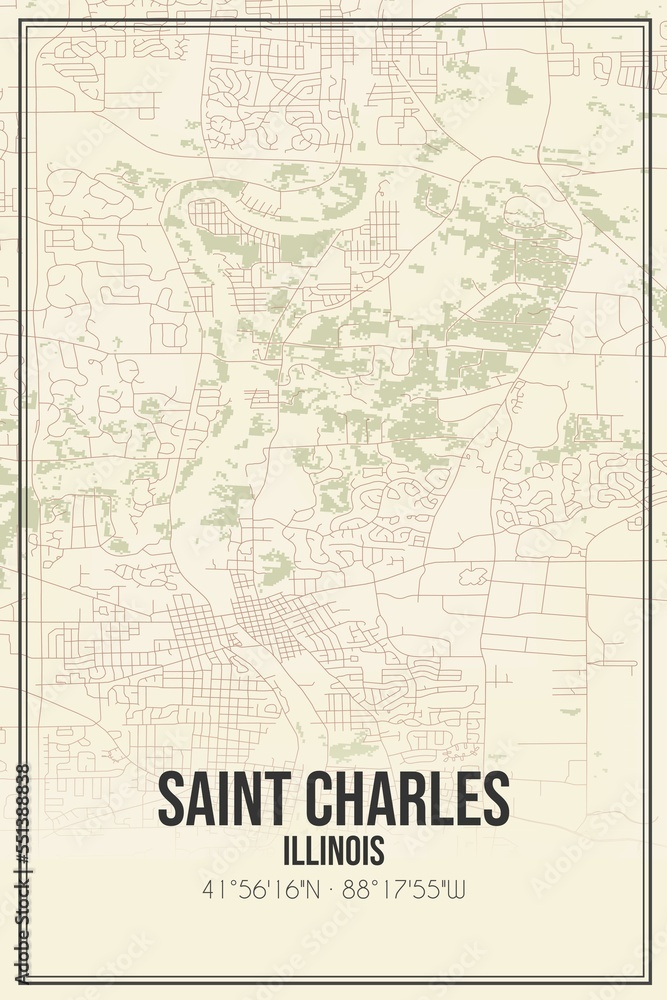 Retro US city map of Saint Charles, Illinois. Vintage street map.