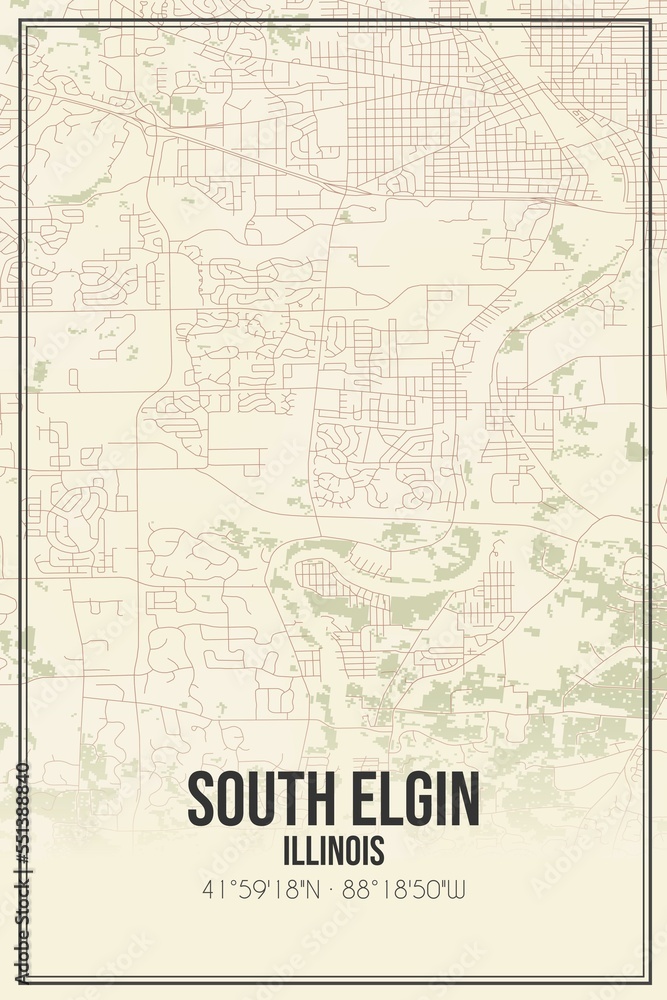 Retro US city map of South Elgin, Illinois. Vintage street map.