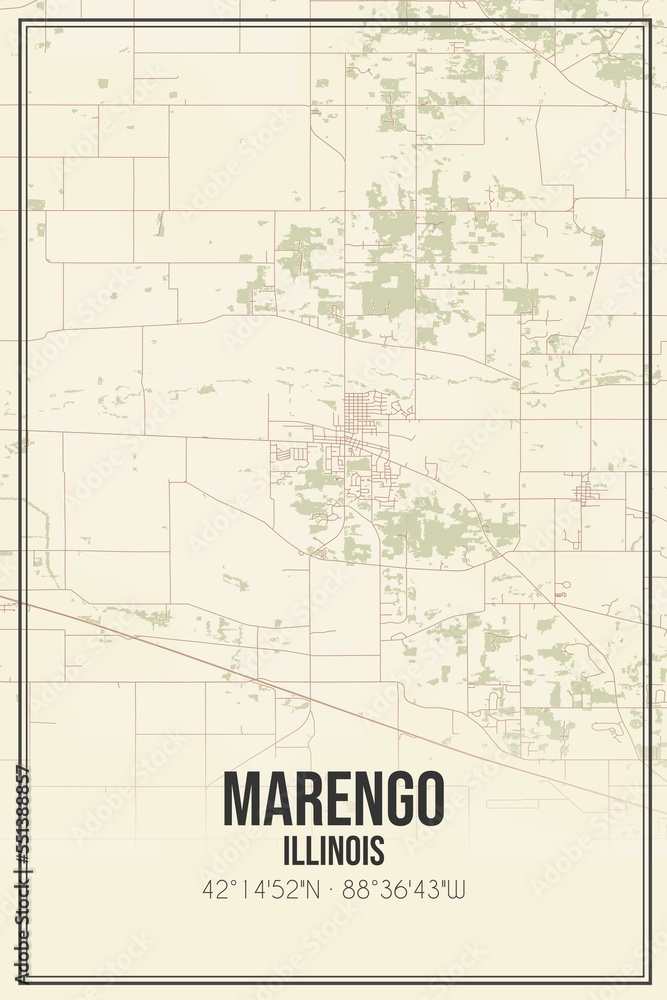 Retro US city map of Marengo, Illinois. Vintage street map.