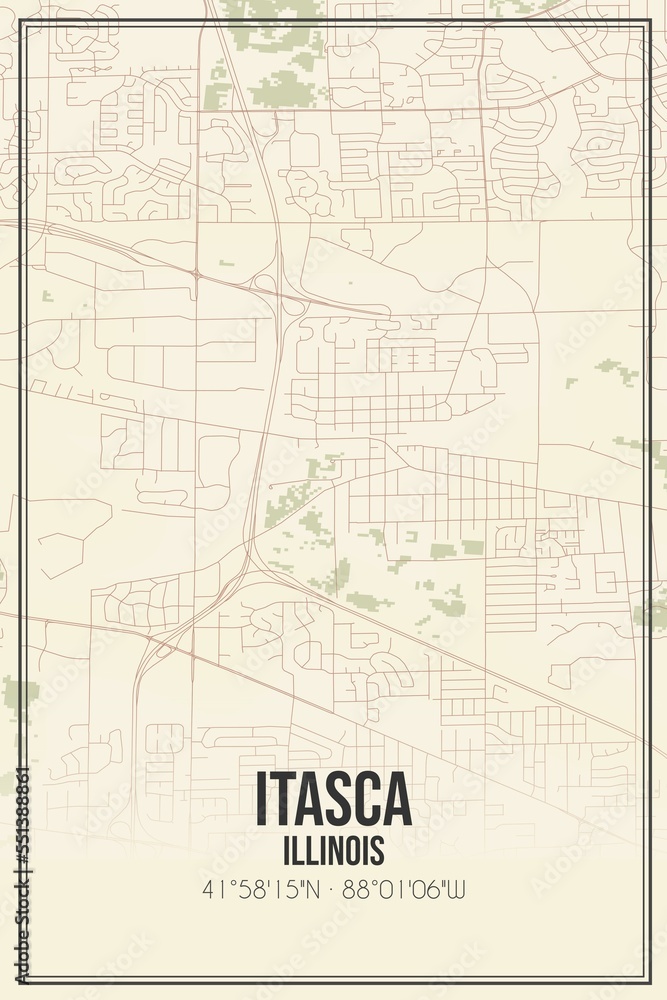 Retro US city map of Itasca, Illinois. Vintage street map.