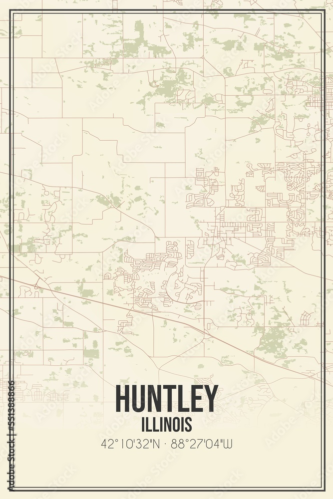 Retro US city map of Huntley, Illinois. Vintage street map.