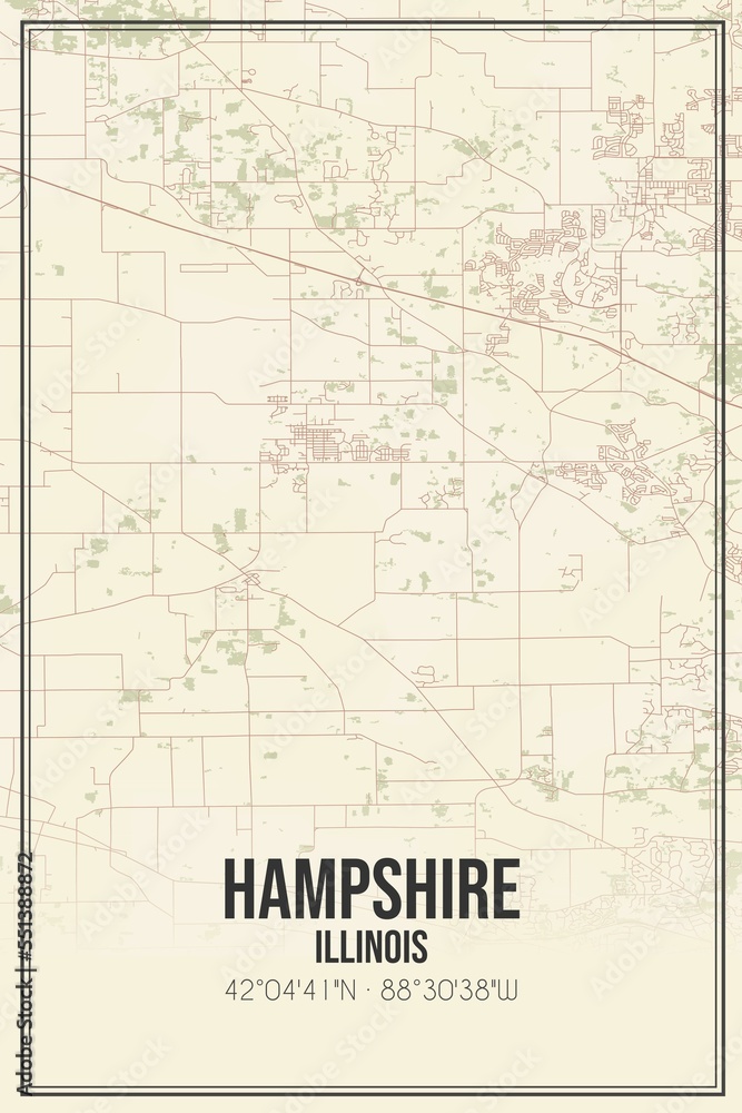 Retro US city map of Hampshire, Illinois. Vintage street map.