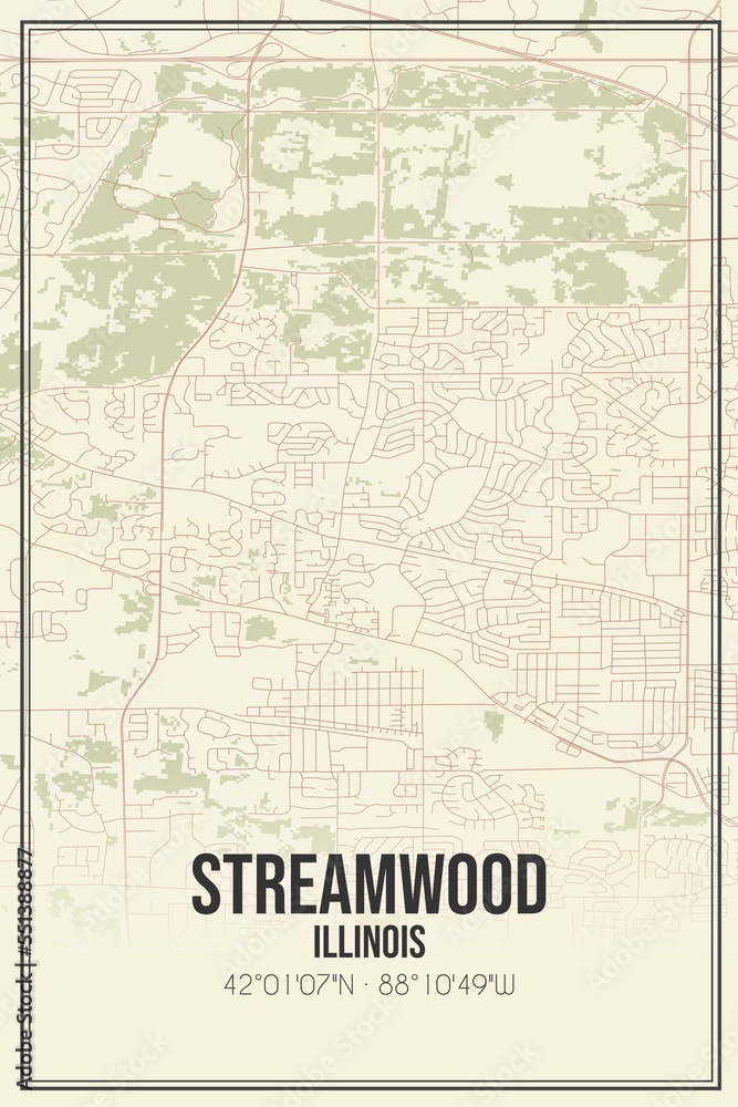 Retro US city map of Streamwood, Illinois. Vintage street map.