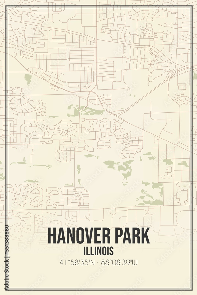 Retro US city map of Hanover Park, Illinois. Vintage street map.