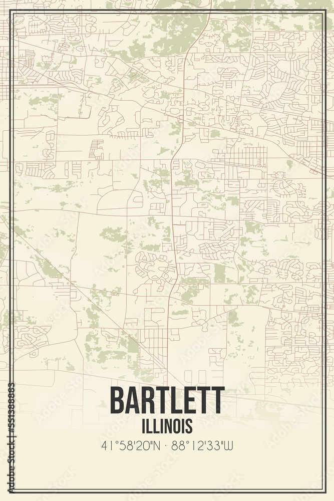 Retro US city map of Bartlett, Illinois. Vintage street map.