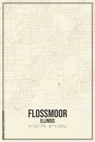 Retro US city map of Flossmoor, Illinois. Vintage street map.