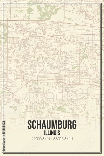 Retro US city map of Schaumburg, Illinois. Vintage street map. © Rezona