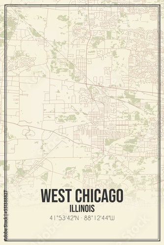 Retro US city map of West Chicago  Illinois. Vintage street map.