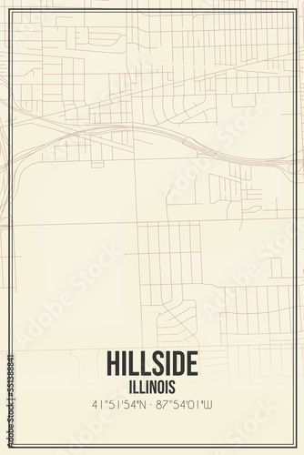 Retro US city map of Hillside, Illinois. Vintage street map.