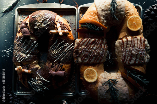 Seasonal Mexican food, rosca de reyes in top view. Mexican tradition.