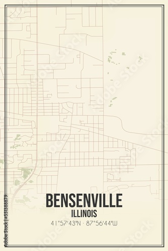 Retro US city map of Bensenville, Illinois. Vintage street map.