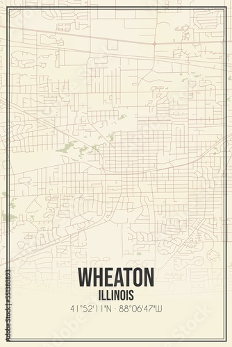 Retro US city map of Wheaton, Illinois. Vintage street map. photo