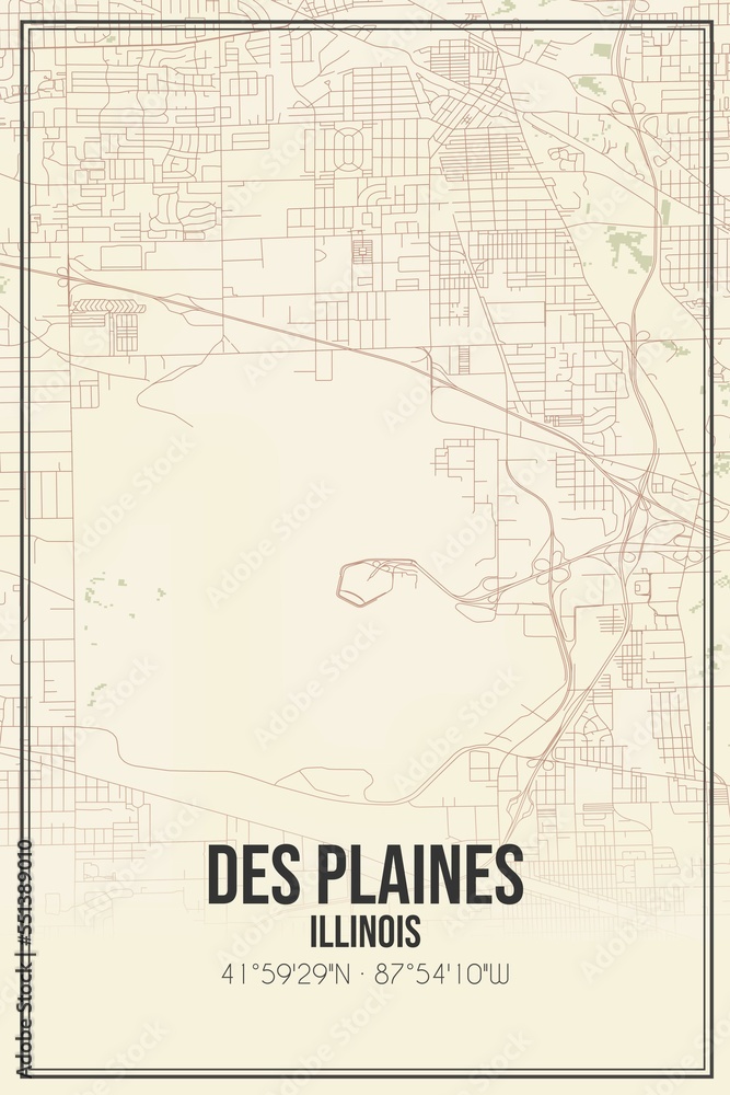 Obraz premium Retro US city map of Des Plaines, Illinois. Vintage street map.