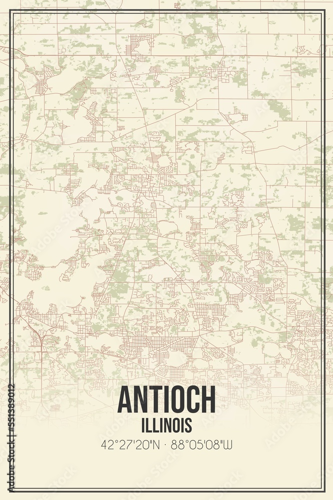 Retro US city map of Antioch, Illinois. Vintage street map.