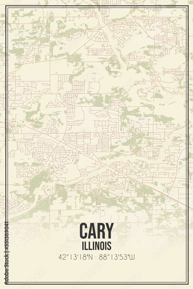 Fototapeta premium Retro US city map of Cary, Illinois. Vintage street map.