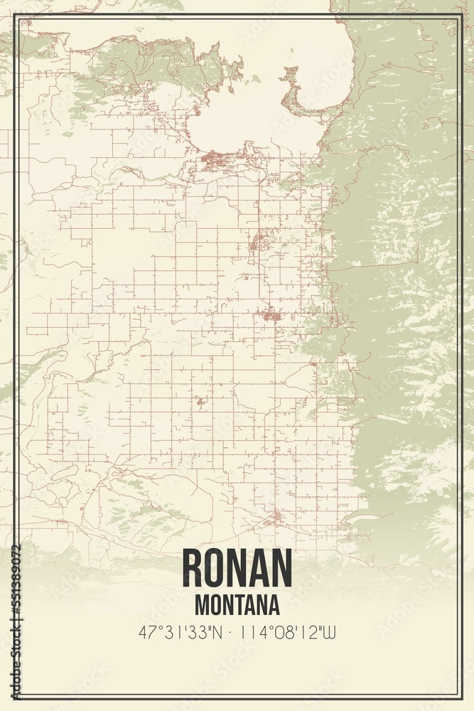 Retro US city map of Ronan, Montana. Vintage street map.