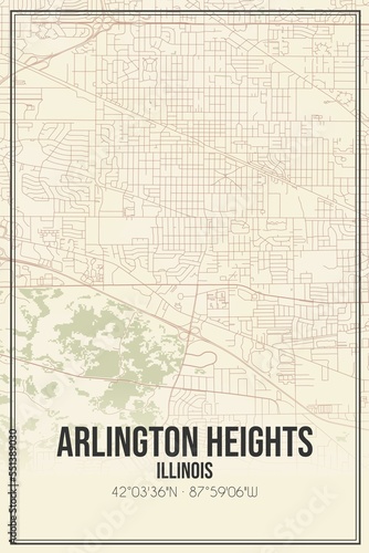 Retro US city map of Arlington Heights  Illinois. Vintage street map.