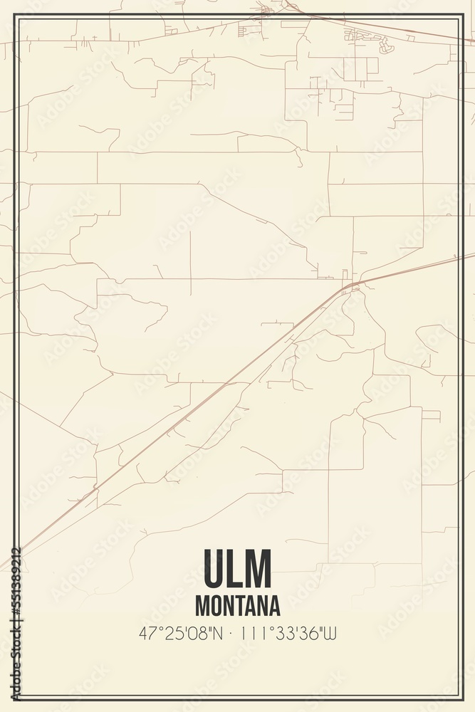 Retro US city map of Ulm, Montana. Vintage street map.