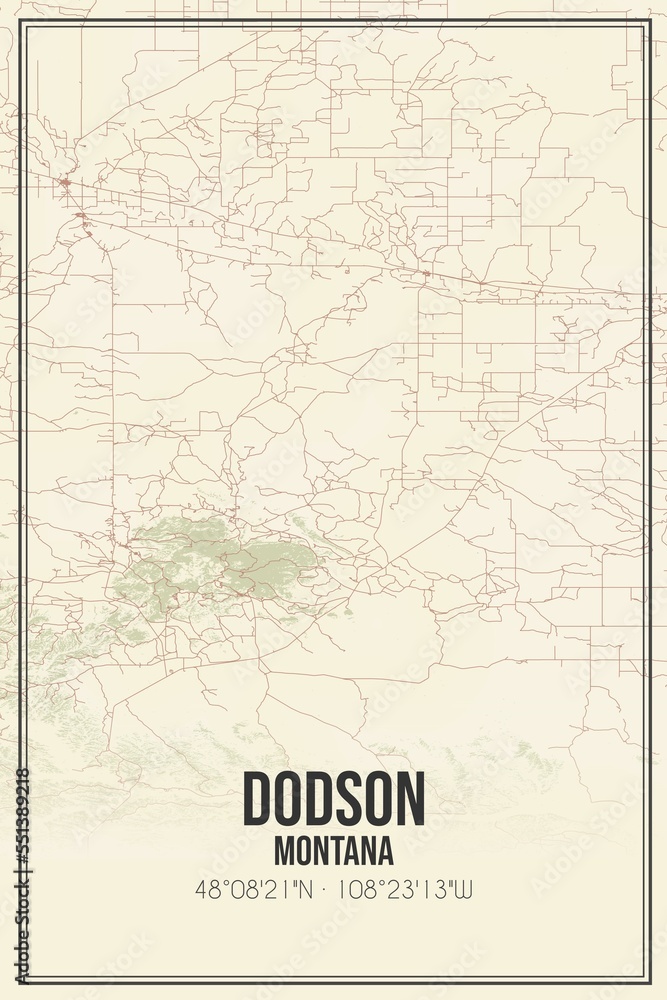 Fototapeta premium Retro US city map of Dodson, Montana. Vintage street map.