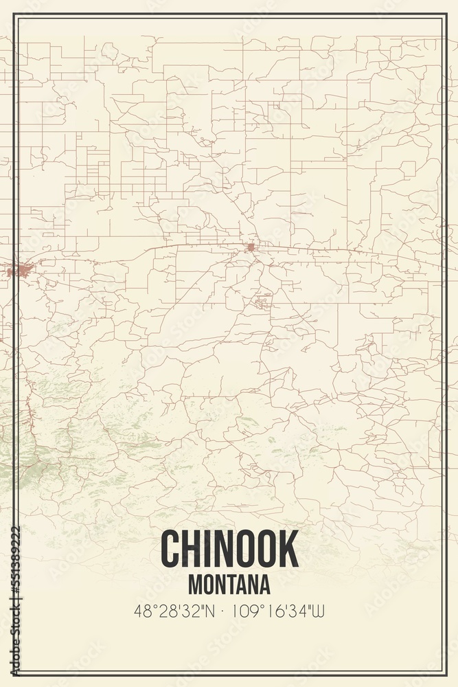 Retro US city map of Chinook, Montana. Vintage street map.