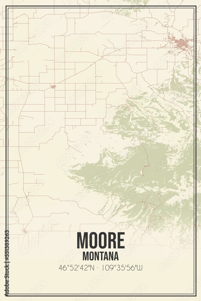 Fototapeta premium Retro US city map of Moore, Montana. Vintage street map.