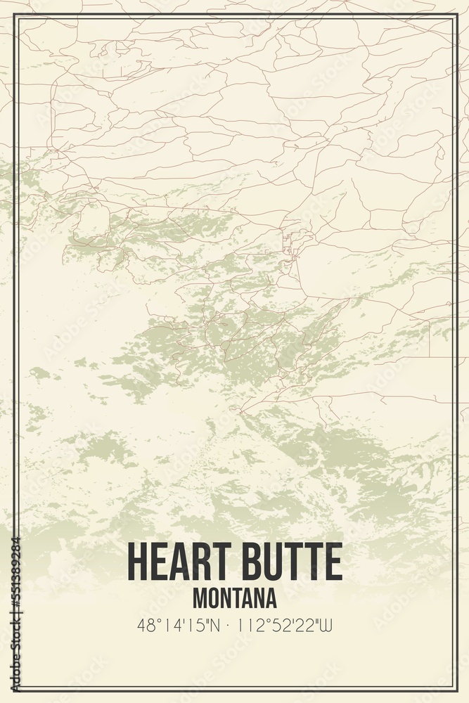 Retro US city map of Heart Butte, Montana. Vintage street map.