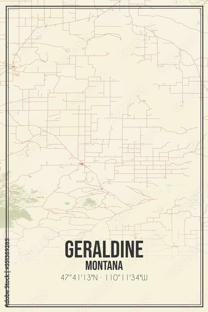 Retro US city map of Geraldine, Montana. Vintage street map.